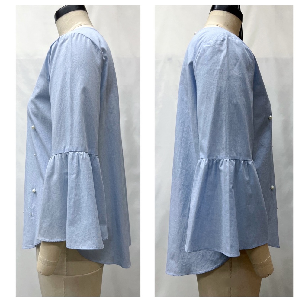 Sky Blue 3/4 Sleeve Faux Pearl Blouse - Picture 3 of 15